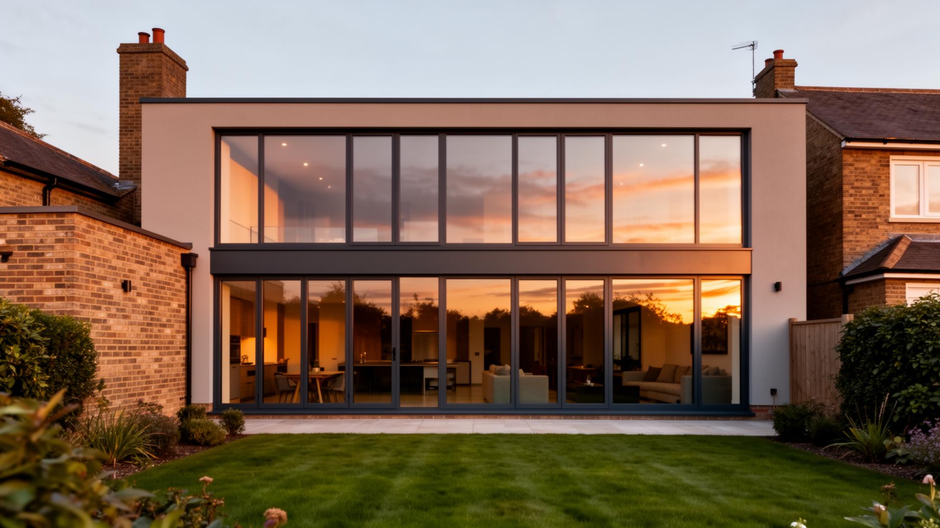 Modern Essex rear extension with floor-to-ceiling slim aluminium windows in matt anthracite grey at dusk